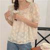 Lace Embroidered Short Sleeve Women Shirts Summer Square Neck Vintage Puff Sleeve Blouse Women Loose French Elegant Tops 27950