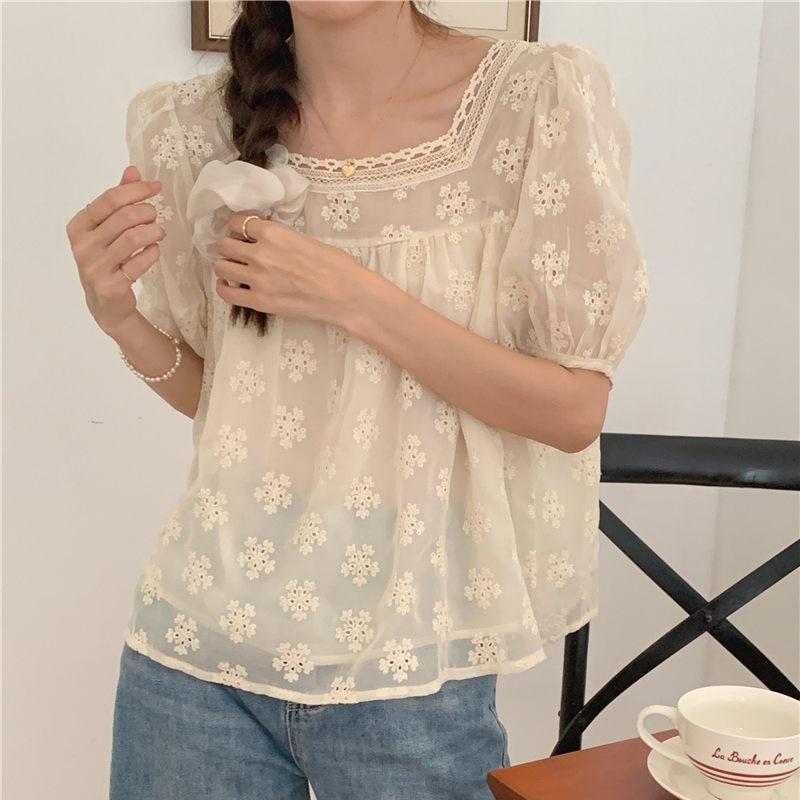 Renda bordada manga curta camisas femininas verão pescoço quadrado vintage manga puff blusa feminina solta francês elegante topos 27950