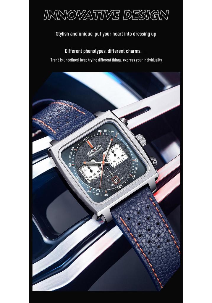 Sanda Men's Chronograph Quartz Watch: Square Dial, Three Eyes, Six Hands, Luminous, Calendar, Waterproof.
