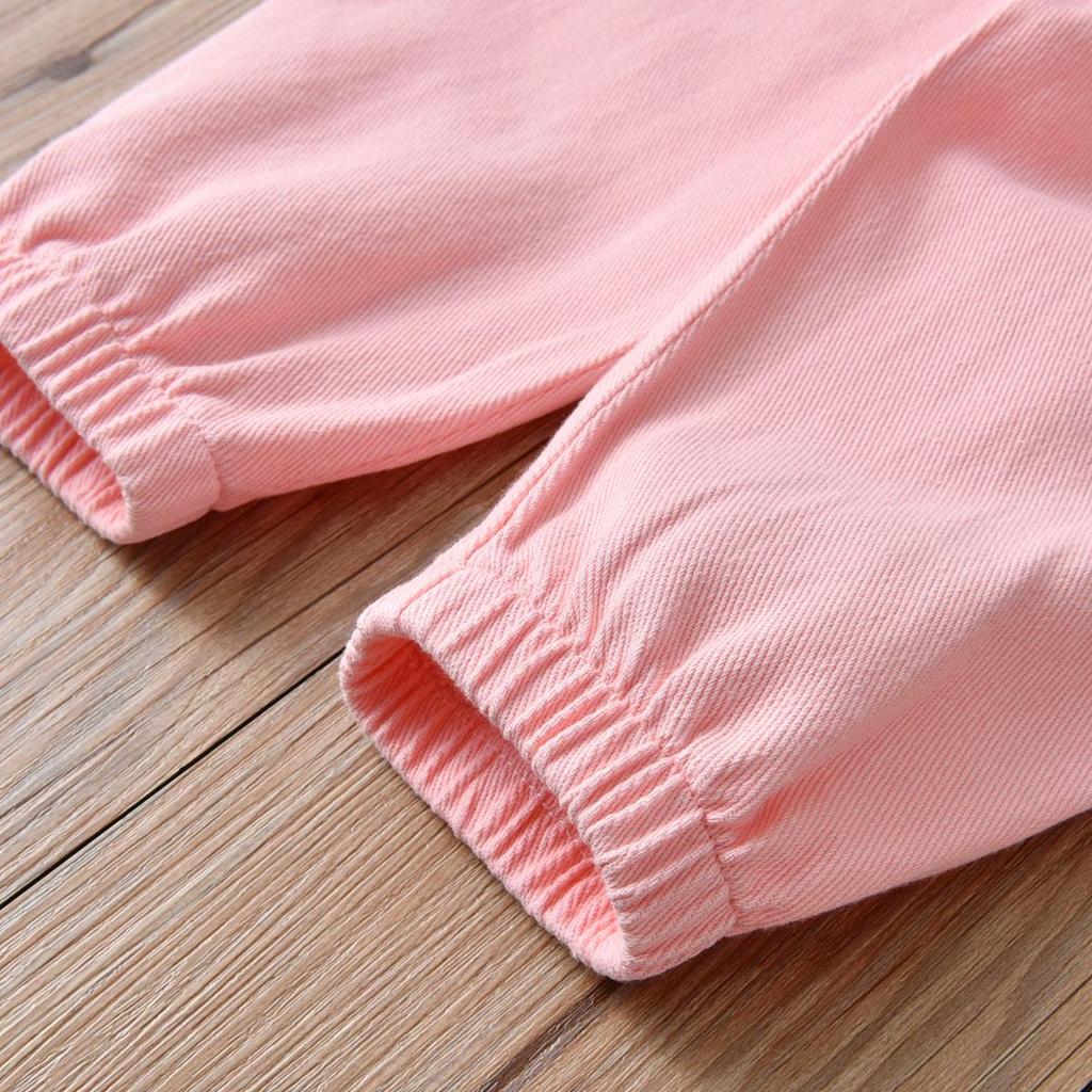 Girls' Pink Denim Short-Sleeve Jumpsuit with Turn-Down Collar