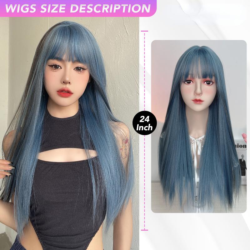 Blaugraue Perücken mit Air Bangs, 61 cm, glatte Kunstfaser, hitzebeständig, natürlich, für Partys oder Selfies, für Frauen, für den täglichen Gebrauch, koreanische Mode