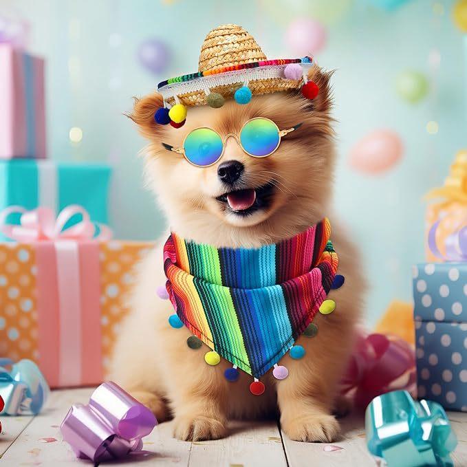 Pet hat triangle towel set cat hairball straw hat hairball saliva towel 2-piece set striped color triangle towel