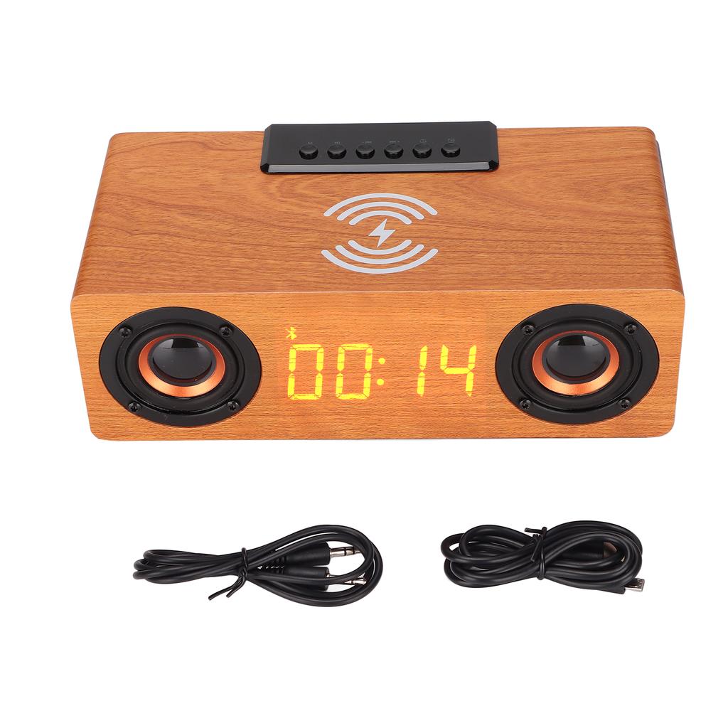Wireless Bluetooth Speaker 10W Wireless Charging Wooden Retro Alarm Clock Speaker for Mobile Phones