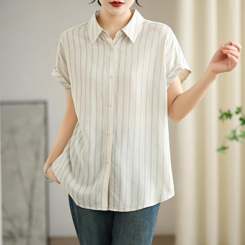 

Summer Cotton and Linen Striped Casual Loose Short-sleeved Shirt Top Women S