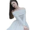 Women's White One-Shoulder Knit Dress, A-Line Long Sleeve, Pure Desire Style for Autumn 2026