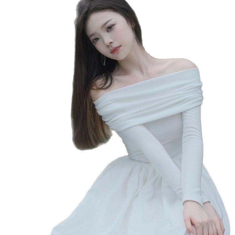 Women's White One-Shoulder Knit Dress, A-Line Long Sleeve, Pure Desire Style for Autumn 2026
