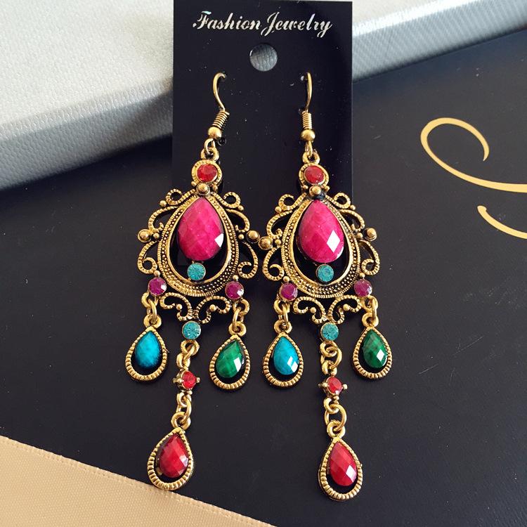 Vintage court gem set earrings long temperament bohemian earrings niche earrings women
