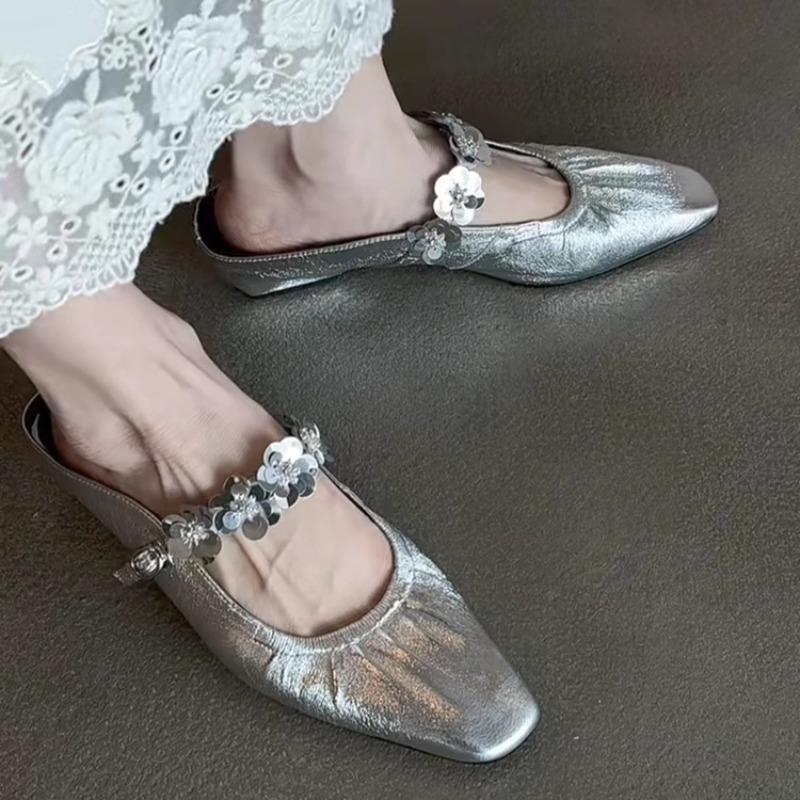 Bright Leather Flower Slip Slippers Summer New Square Toe Shallow Mouth Inside Heightened Pleated Wrapped Toe Sandals