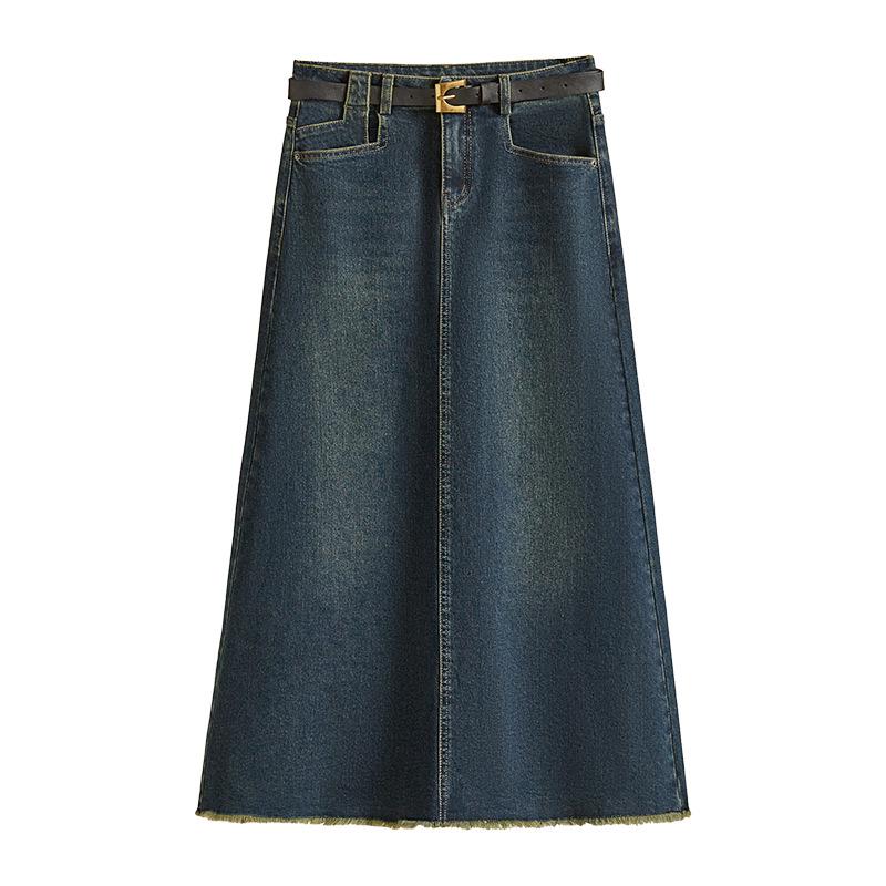 Women's High Waist Frayed Denim A-line Skirt - Retro Slimming, Flaw-Covering Design for Spring & Autumn 2026