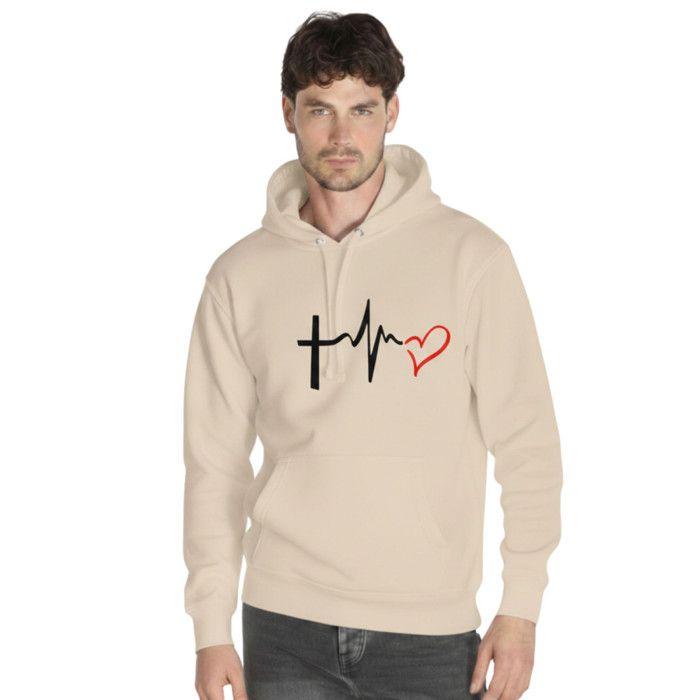 Sweat Capuche - NPZ - Saint-Valentin - Design Battement de Cœur - Poche Kangourou - Beige