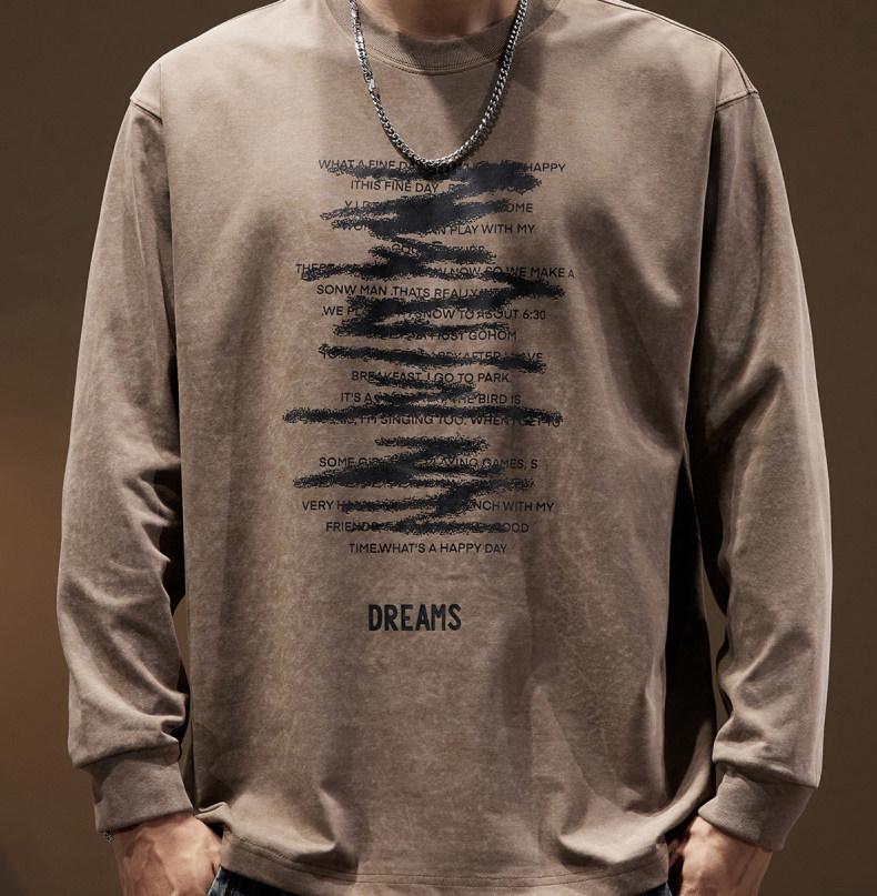 Men's Heavyweight Retro Washed Long-Sleeve T-Shirt - Autumn Edition, Loose Fit, Round Neck, Trendy American Print