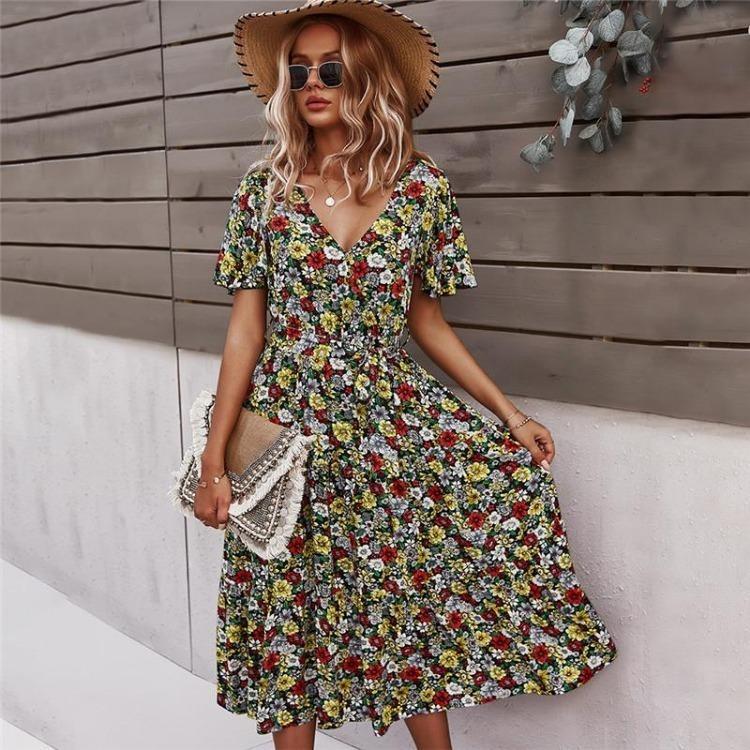 Floral Print Summer Casual Women Dress High Waist V Neck S-XL Spring