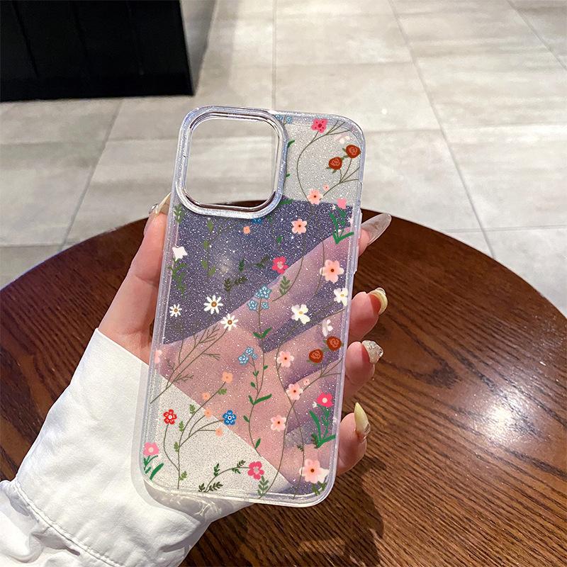 Fresh glitter, small floral summer mobile phone case, Apple 17 transparent anti-drop protective case, iPhone15pm is super beautiful.