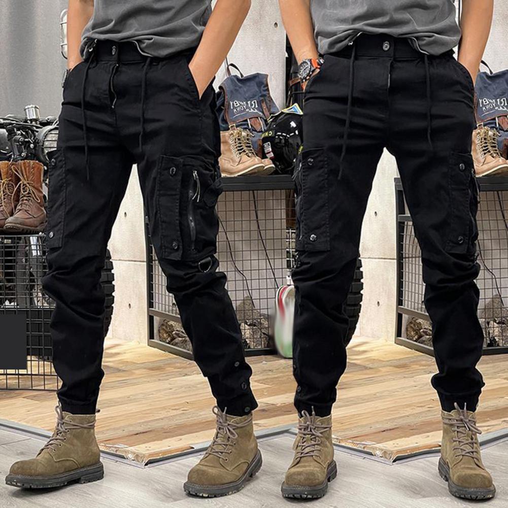 Spring and Autumn Men Trousers Men's Drawstring Waist Cargo Pants with Multi Pockets for Wear Outdoor Training Solid Color Sport