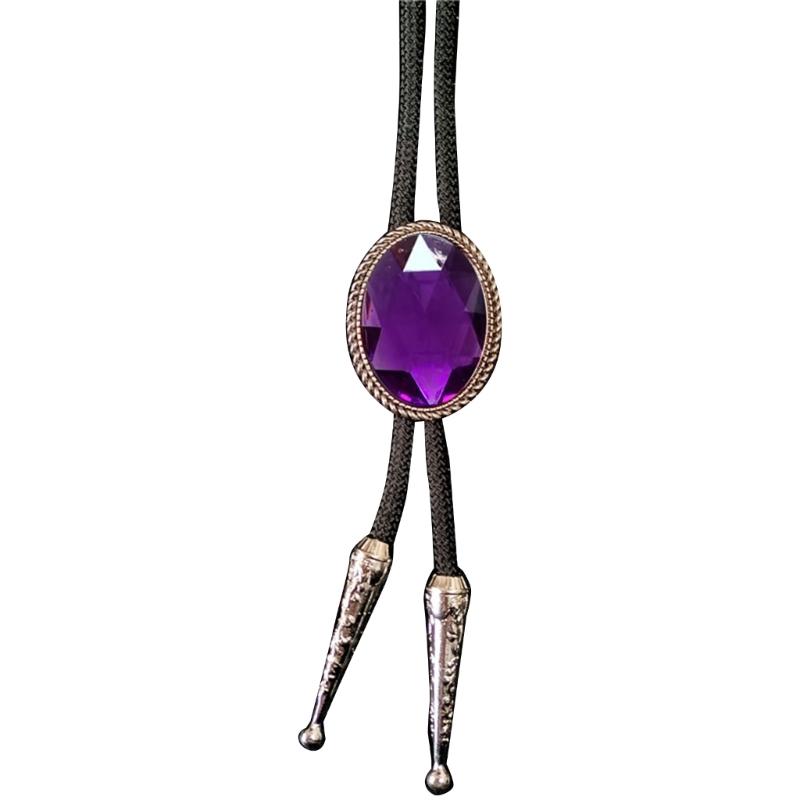 Braided Shoestring Bolo Tie with Engraving Diamond Stone Charm Cowboy Necktie Necklace Cowboy Style Bolo Tie фиолетовый