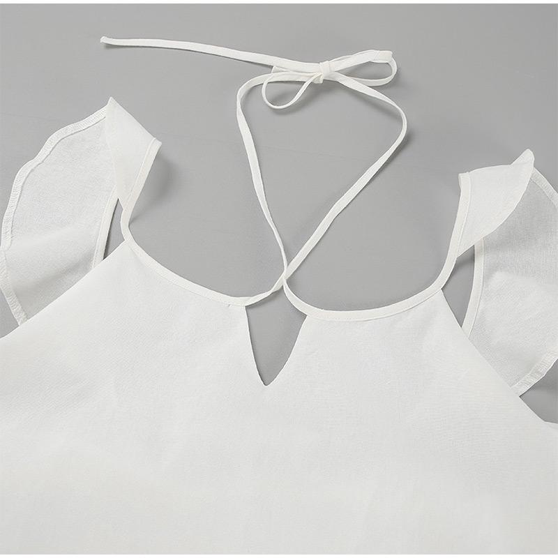 Casual White Cotton and Linen Women's Suit Fashion Fly Sleeve Tops Wide-leg Pants Solid Color Two-piece Suits