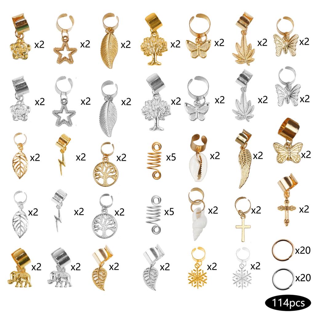 114pcs Dreadlocks Ring Alloy Exquisite Hair Braid Coil Cuffs Pendants Decoration for Wedding Party