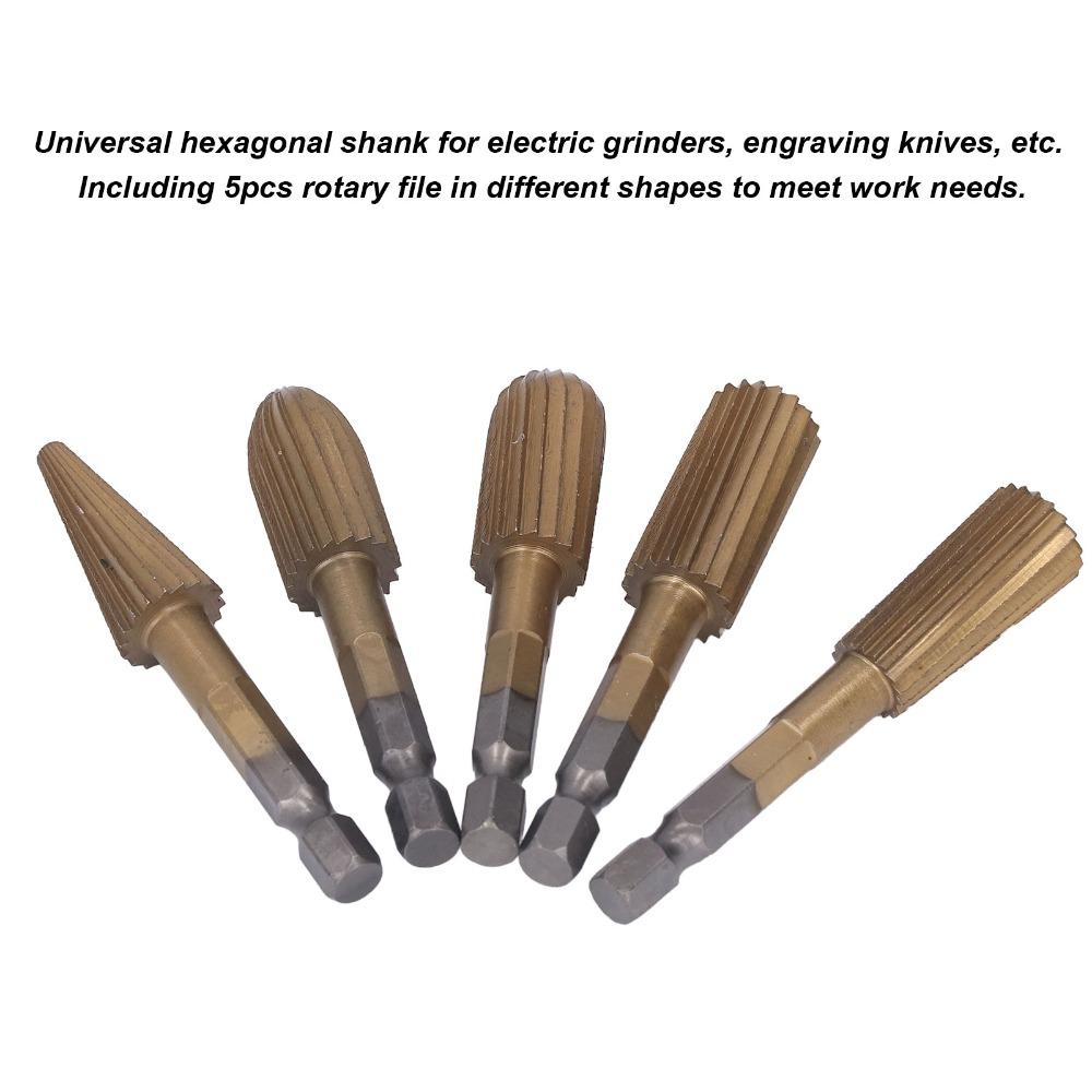5Pcs Hex Shank Rotary File Set Double Cut 1/4 inch Shank Cutting Burrs High Speed Steel Metal Grinder Drill Bit