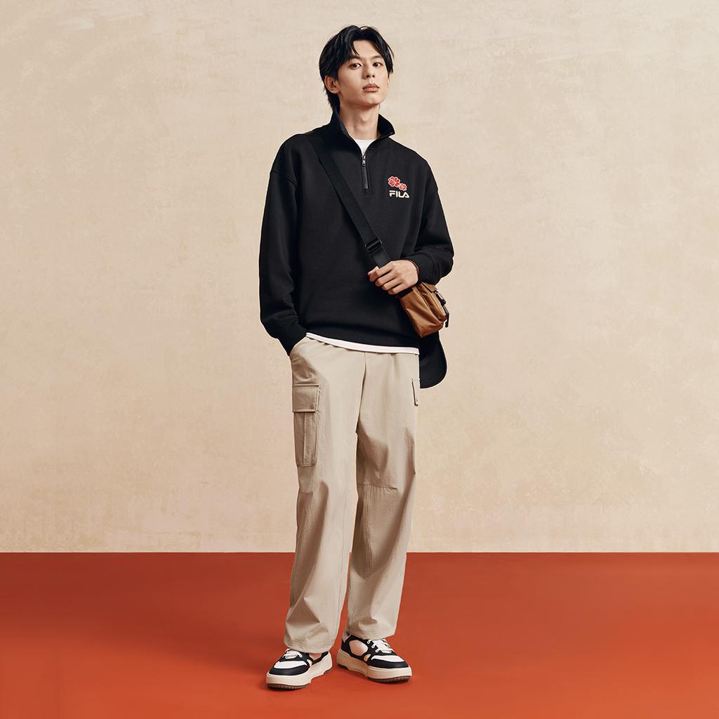 FILA Original Peony Half-Zip Classic Retro Minimalist Casual Comfortable Sweatshirt Unisex sweatshirt Black F51U619204FBK