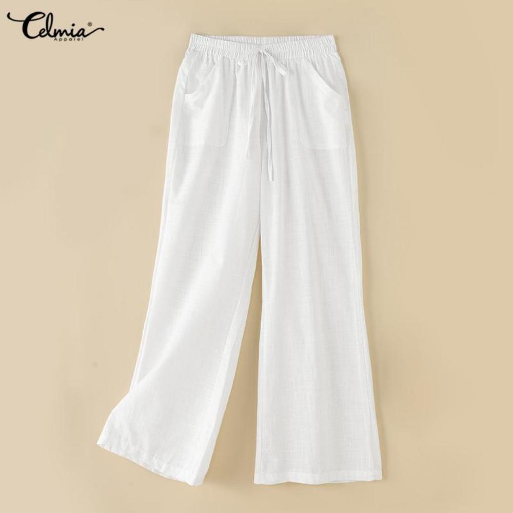Frühling frauen Baumwolle Leinen Lange Hosen Taschen Elastische Yoga Breite Bein Feste Beiläufige Lose Hosen Plus Größe
