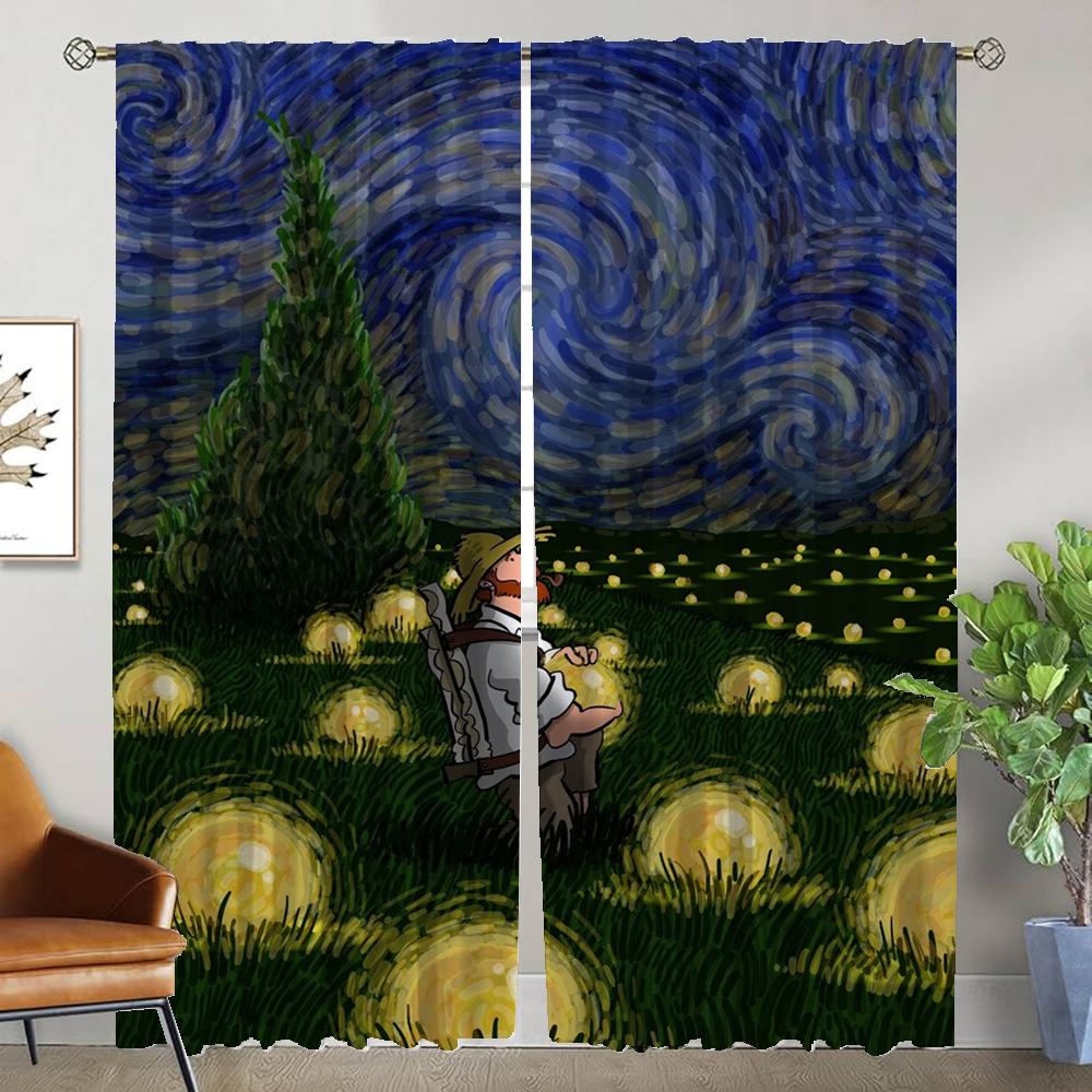 Elegant Room Curtains 2 Pieces Van Gogh Curtains for Bedroom Shades Partition Halloween Decoration Window Curtain Living Kitchen