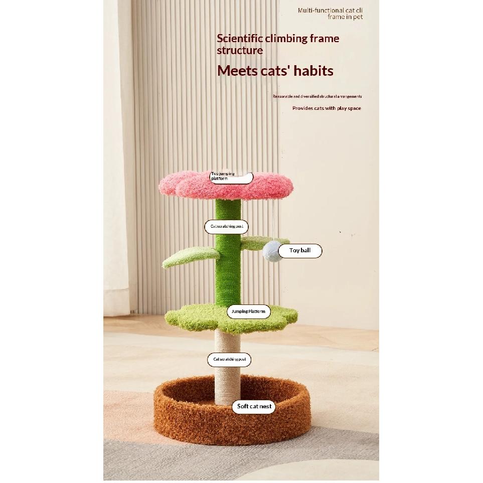 Small Flower Cat Tree with Sisal Scratch Board and Cat Bed, Space-Saving Cat Tower for Indoor Cats, Pet Decor