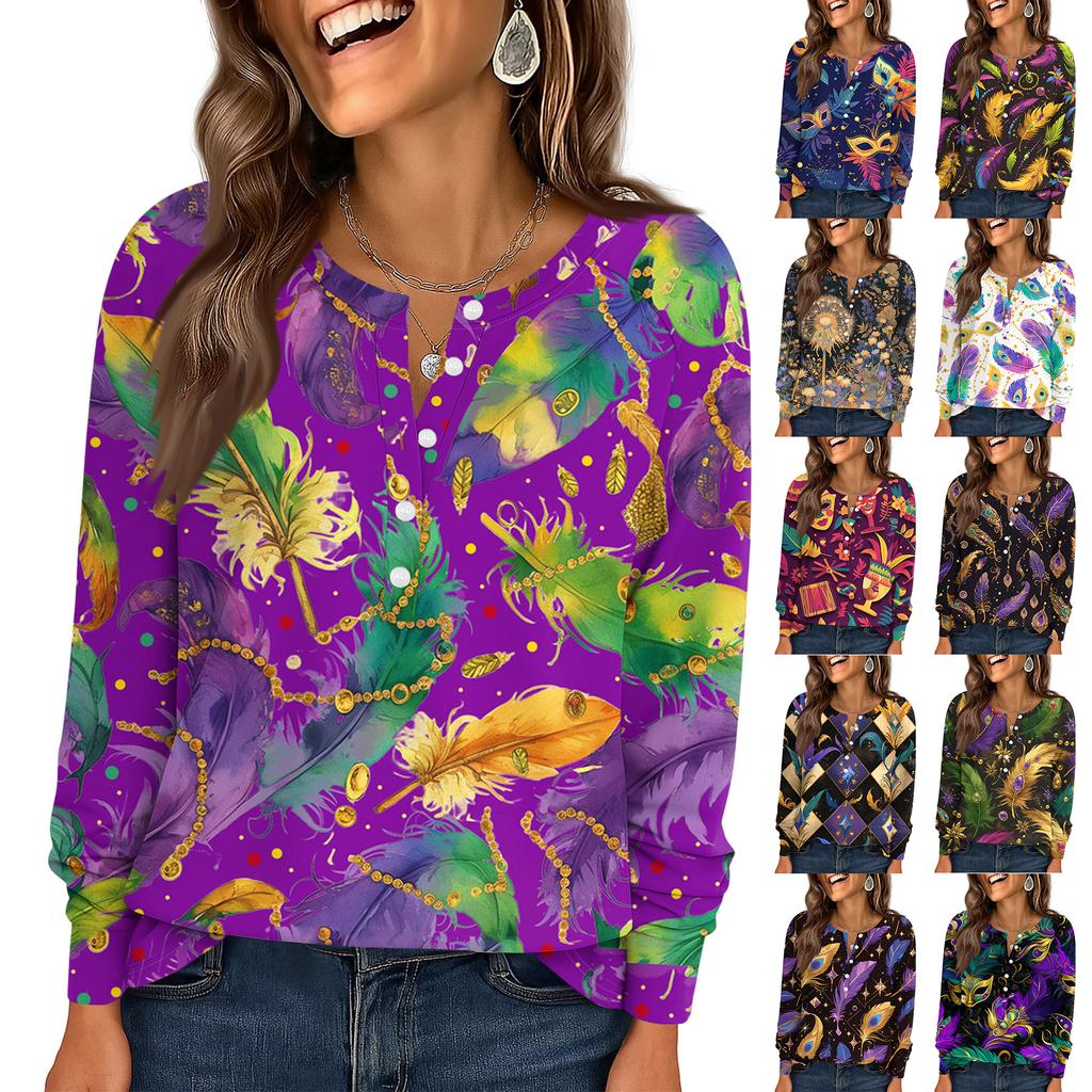 Women's Fashionable Loose Long Sleeved Carnival Printed Casual Top