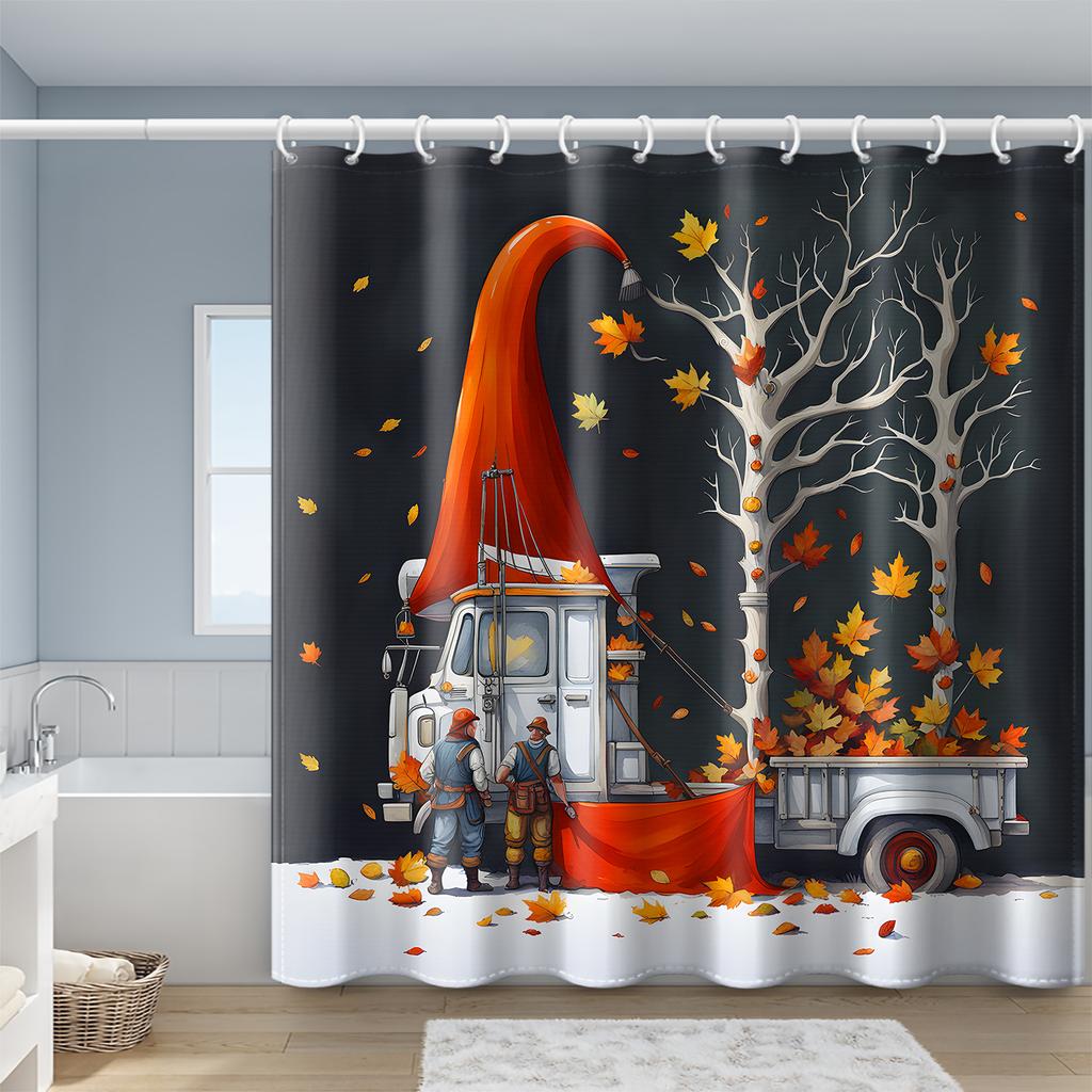 1 Piece of Red Hat Santa Claus Print with Plastic Hook Shower Curtain, Winter Christmas Bathroom Partition Curtain