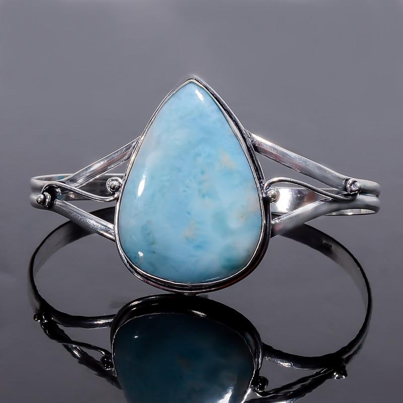 

Classic Top Grade Qualite 100% Natural Larimar Pear Shape Vintage Handmade Jewelry 925 Steling Silver Cuff Adujstable WSJ-4724 срібний
