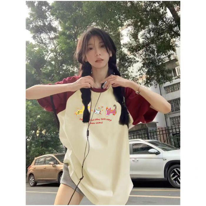 College Style Outfit with Large Size Rag-shoulder Color Block Short-sleeved Cotton T-shirt for Girls In Spring and Summer New Loose Round Neck Top