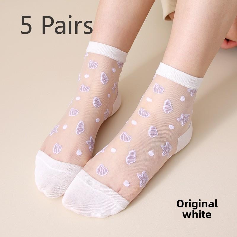 5 Pairs Women's Summer Thin Glass Fiber Midtube Socks Starfish Crystal Caisson Stockings