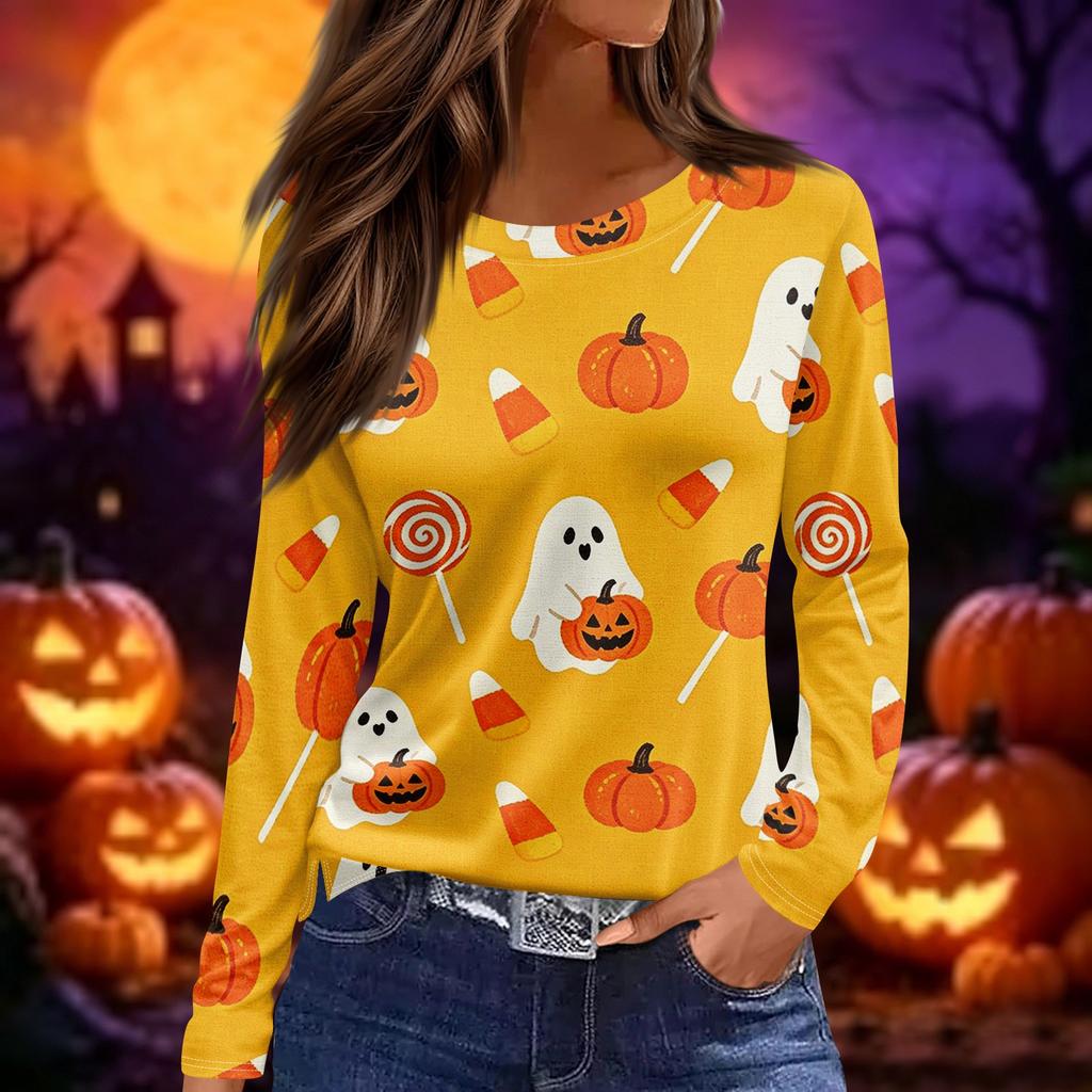 Women Long Sleeve Crew Neck Top Halloween Print Split Hem Casual Loose Fit Pullover Shirt for Fall Seasonal Wear