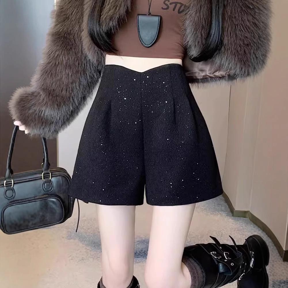 

2024 A/W Woolen Sequin High Waist A-line Shorts: Women s Glitter Booty Shorts, Hot Girl Style, Wide Leg 3XL серый