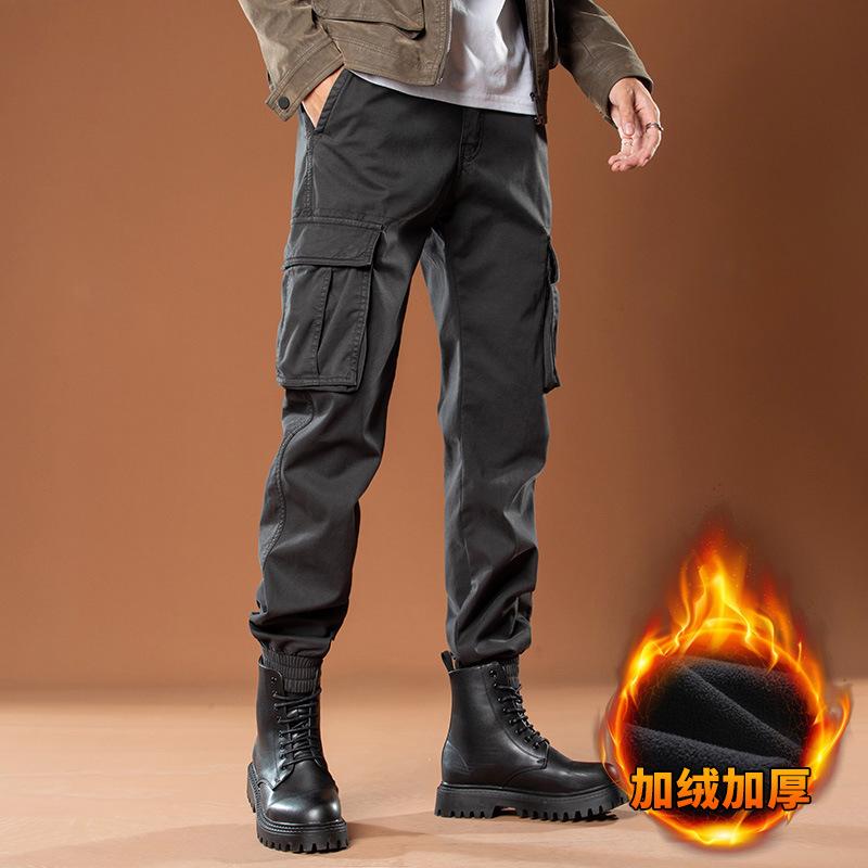 New Velvet Casual Pants Tied Feet Trendy Overalls Men's Handsome Multi-pocket Pants