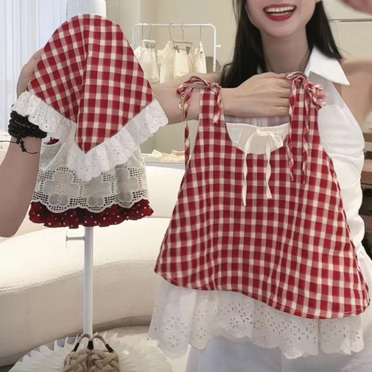 Girls Red Plaid Boho Summer Tank Dress with Hairband 80