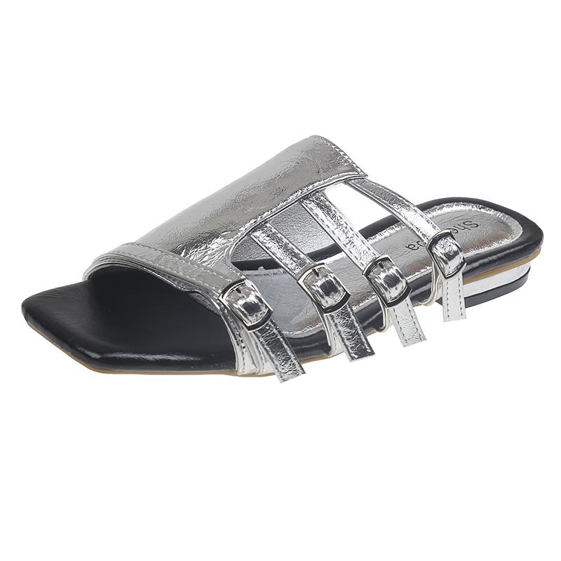 New Retro Square Toe Flat Fashion Slippers Women's 2025 Summer New Fairy Style Belt Buckle One-word Belt