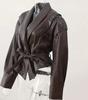 2024 Autumn/Winter European & American Fashion Lapel Tie Long Sleeve Leather Jacket
