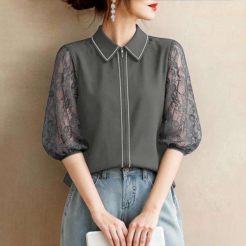 

ZANZEA Женская повседневная блузка с отложным воротником, кружевной вставкой, рукавом 3/4 на молнии M серый