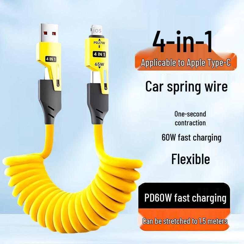 Spring Retractable 4-in-1 Charging Cable for Apple, Android, Huawei – Fast Charging, Dual Compatibility.