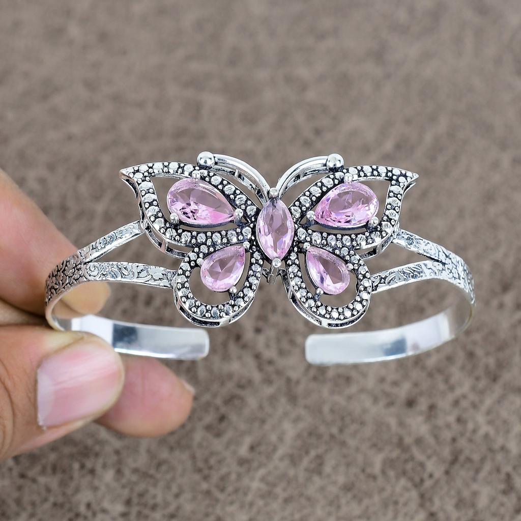Pink Kunzite Gemstone Handmade 925 Sterling Silver Cuff Bangle Adjustable KKG-105