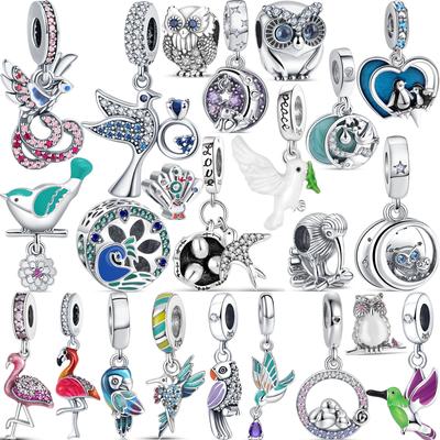 925 srebrne flamingi paw sowa pingwin ptaki Cartoon modny koralik Fit Charms bransoletka kobiety DIY biżuteria