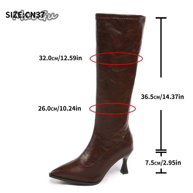 Fashion Size 35 42 Black Brown PU Leather Women's Knee-High Boots Pointed Toe High Heel Modern Boots Side Zipper Botas Largas for Woman