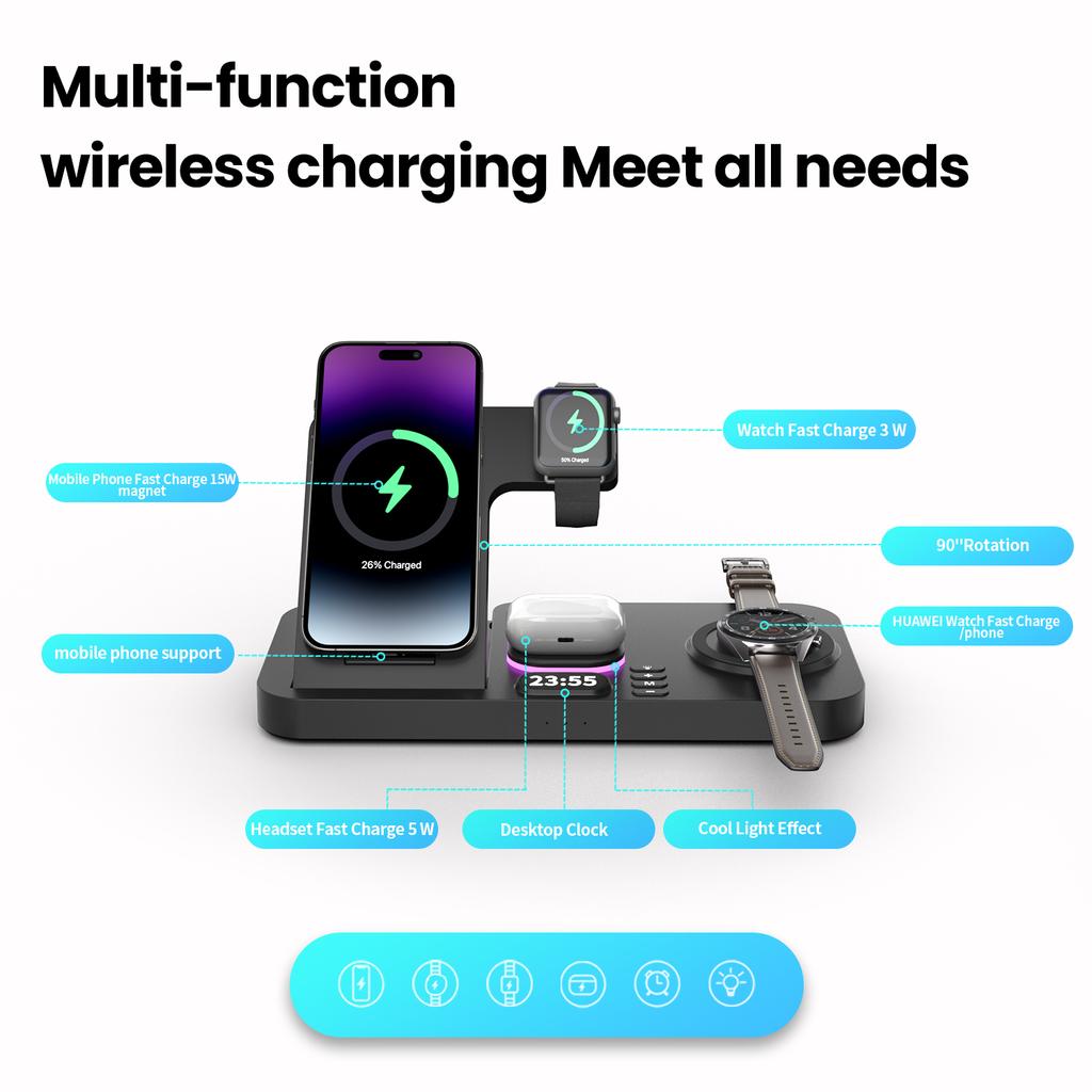 Birthday Gift Alarm Clock 6 in 1 Wireless Charger Station For Iphone Airpods  IWatch RGB Night Light Fast Charging Bracket