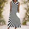 Women Plus Size Round Neck Sleeveless Black White Striped Printed A Line Long Dress With Pockets