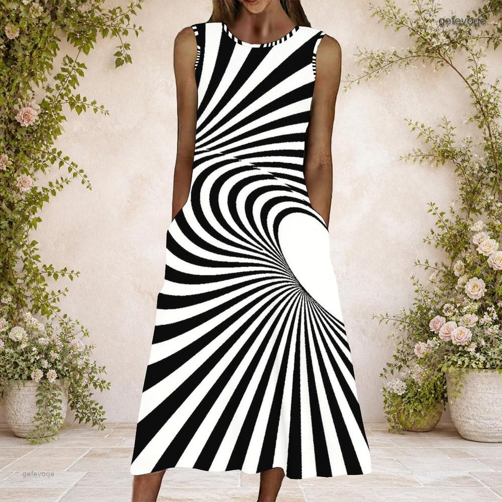 Women Plus Size Round Neck Sleeveless Black White Striped Printed A Line Long Dress With Pockets