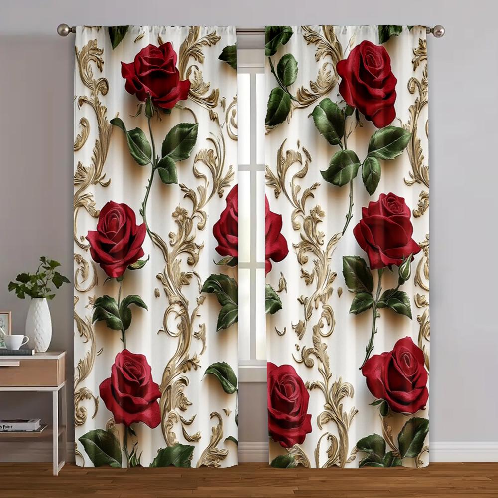 2 ks   Luxusní závěsy  s potiskem červených růží a zlatým květinovým vzorem Polyesterová tkanina (bez tyče) Všechna roční období pro ložnici a