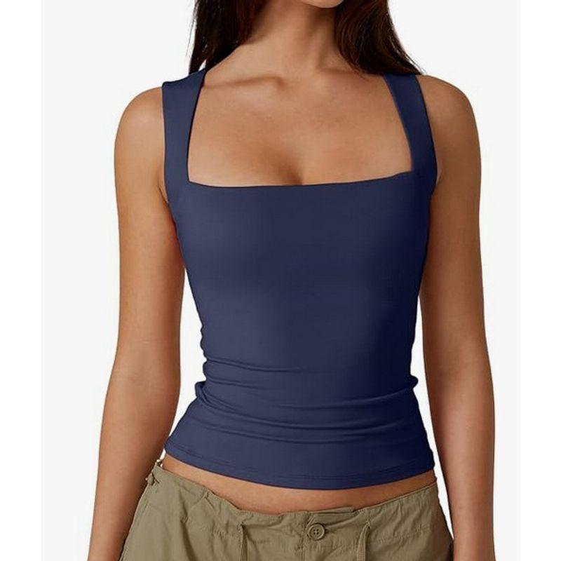 Solid Color Square Neck Sleeveless Top Solid Color Square Collar Slim Fit Sleeveless Top Female