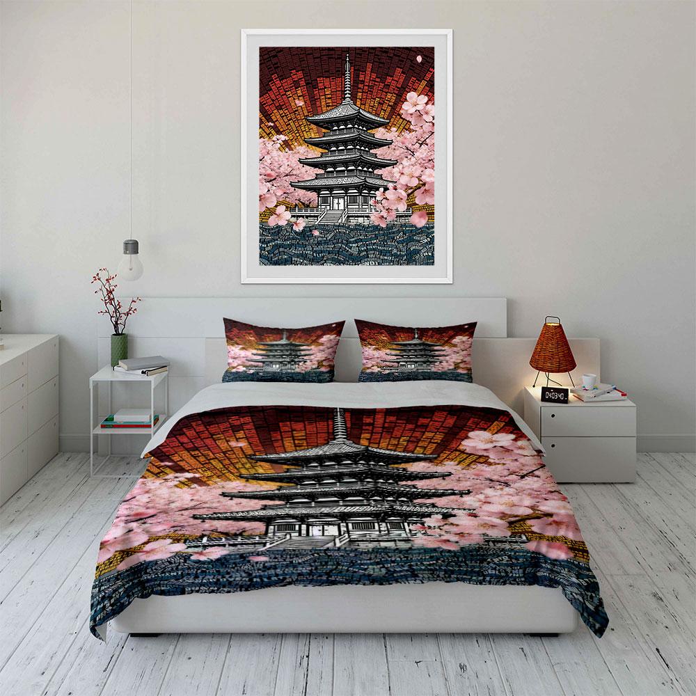 Pagoda and cherry blossoms. Bedding sets Duvet cover sets Duvet covers Pillowcases(1 * Duvet Cover 2 * Pillowcases, without duvet insert)