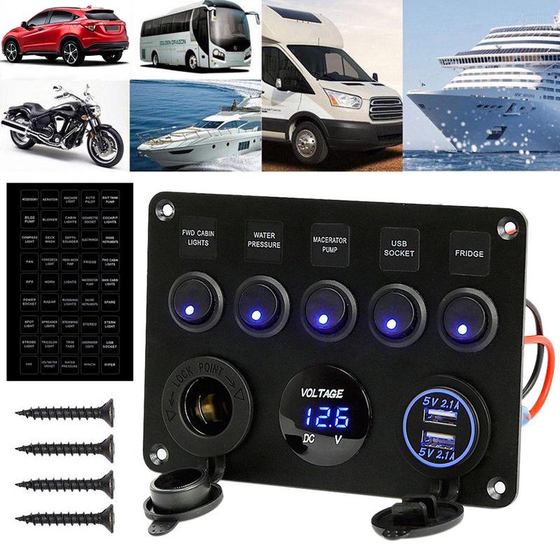 

Pdtoweb Marine Boat LED 5 Кулисный переключатель USB Вольтметр Панель розетки Водонепроницаемая