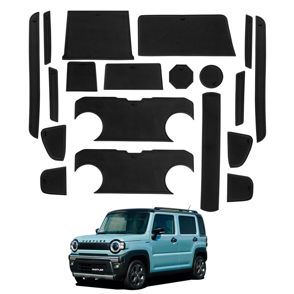 LANGBEAN Interior Rubber Mats for Suzuki Hustler Door Pocket Scratch and Noise Set MR92S/MR52S, Non-Slip Mats, Prevention, 19-Piece (Black)